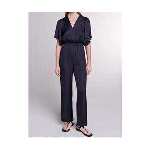 Maje $345 Black Satin Pant Jumpsuit Elastic Waist Size 42/ XL Flutter Sleeves